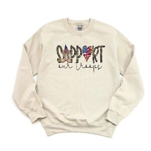 Support Our Troops Patriotic Graphic Crewneck Sweatshirt – Military Camo & Flag